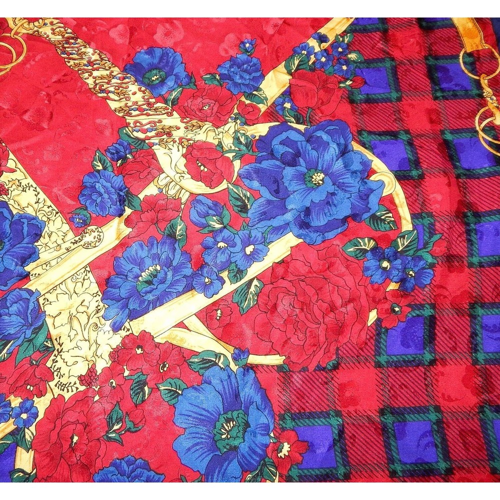 Ricki Freeman For Teri Jon Floral Silk Scarf Navy Red Gold Plaid Korea - Picture 9 of 16